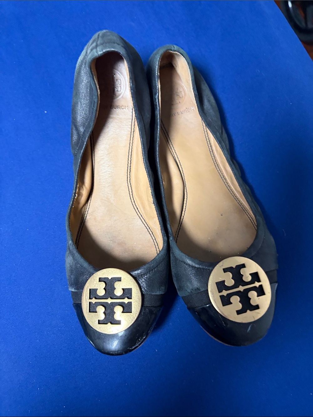 Tory Burch Black Leather Ballet Flats with Gold Logo Emblems